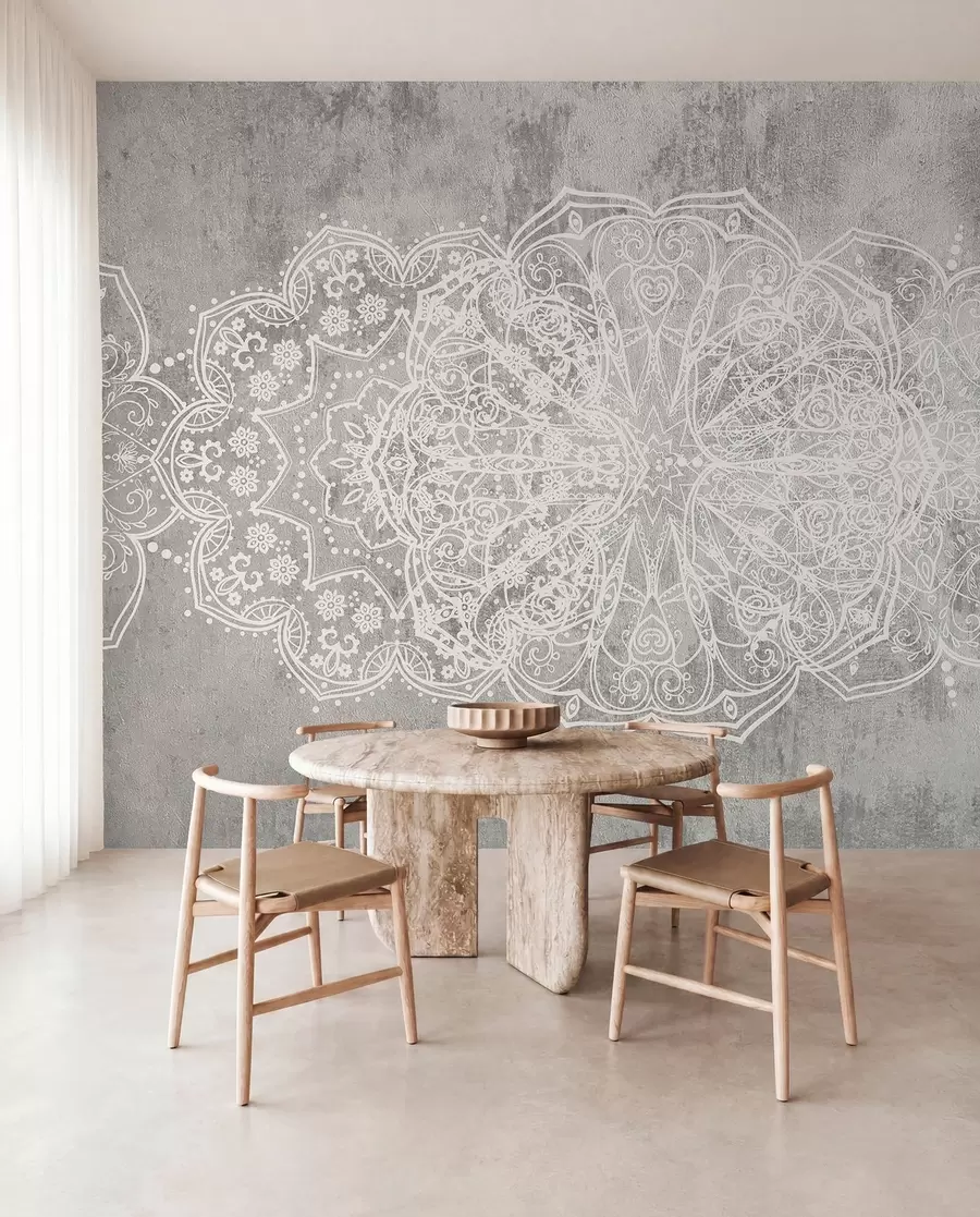 fotószőnyeg Részletes, bonyolult, fehér csipke mandala minta egy texturált, szürke loft fal hátterén w08387