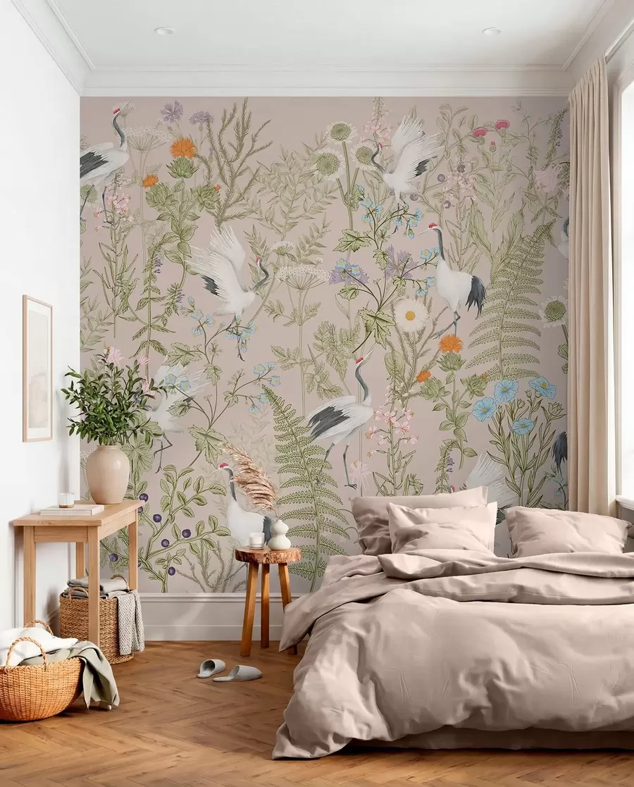 fotószőnyeg Elegáns darvak vibráló virágok között w00380