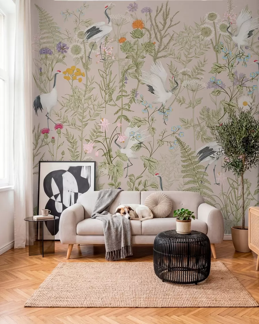 fotószőnyeg Elegáns darvak vibráló virágok között w00380