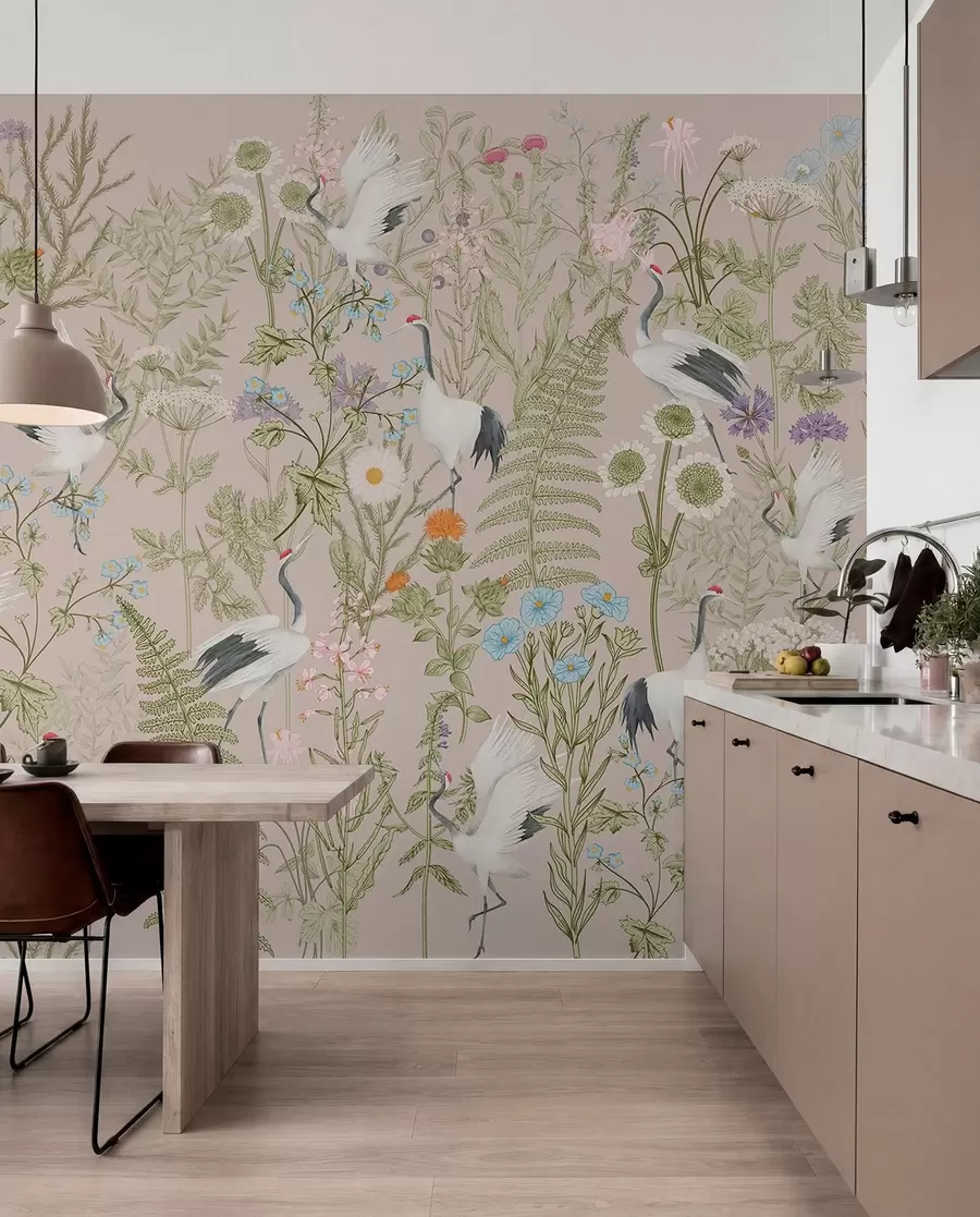 fotószőnyeg Elegáns darvak vibráló virágok között w00380
