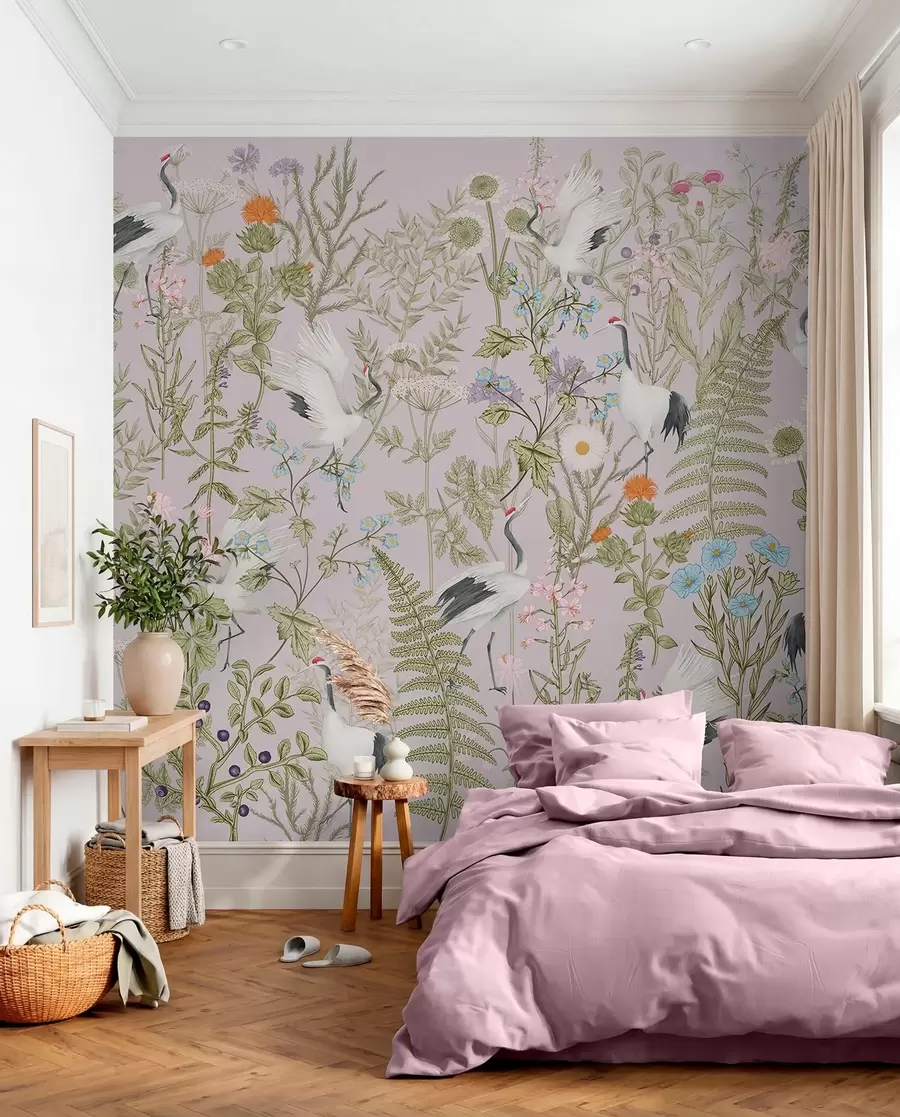 fotószőnyeg Elegáns darvak vibráló virágok között w00380v3