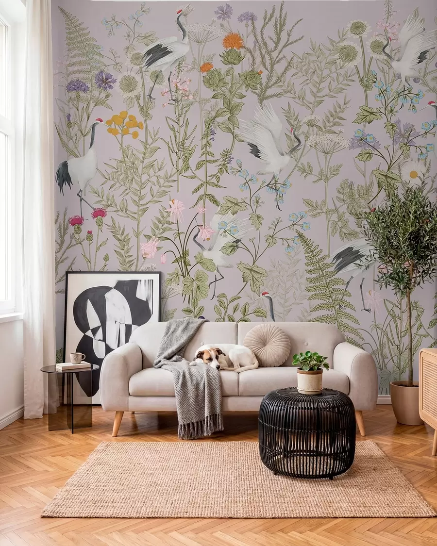 fotószőnyeg Elegáns darvak vibráló virágok között w00380v3
