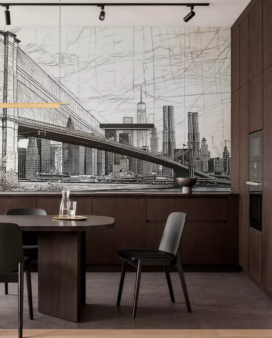 fotószőnyeg Panoráma a Brooklyn hídról, vázlatos retro technikával, vonalakkal és karcolásokkal készült w01961