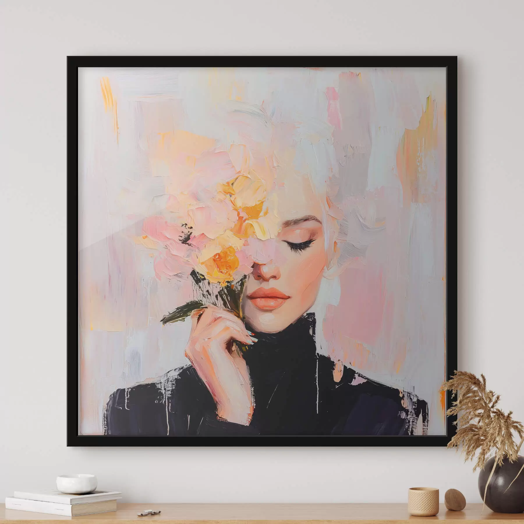 fotószőnyeg Absztrakt nő egy csokor virággal a kezében ecsetvonásokkal f41355