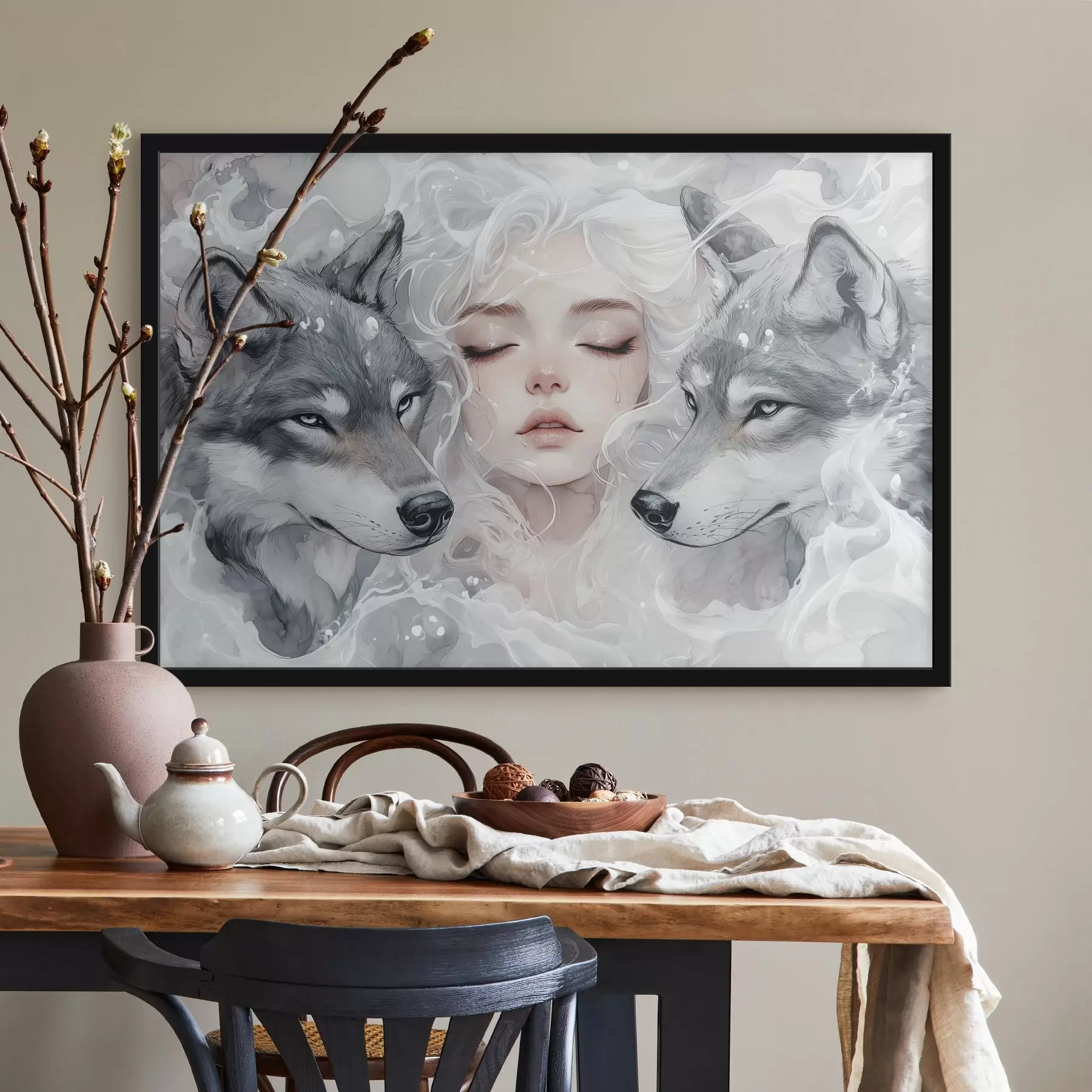 fotószőnyeg Gyönyörű lány szürke farkasokkal, anime stílusban, lágy pasztell színekkel f41458