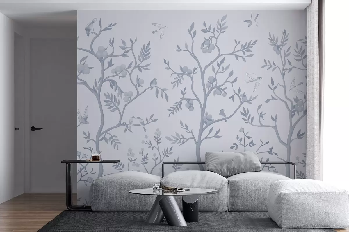 fotószőnyeg Chinoiserie design madarakkal, kanyargó fákkal, gyümölcsökkel és virágokkal kék színben w02128v2