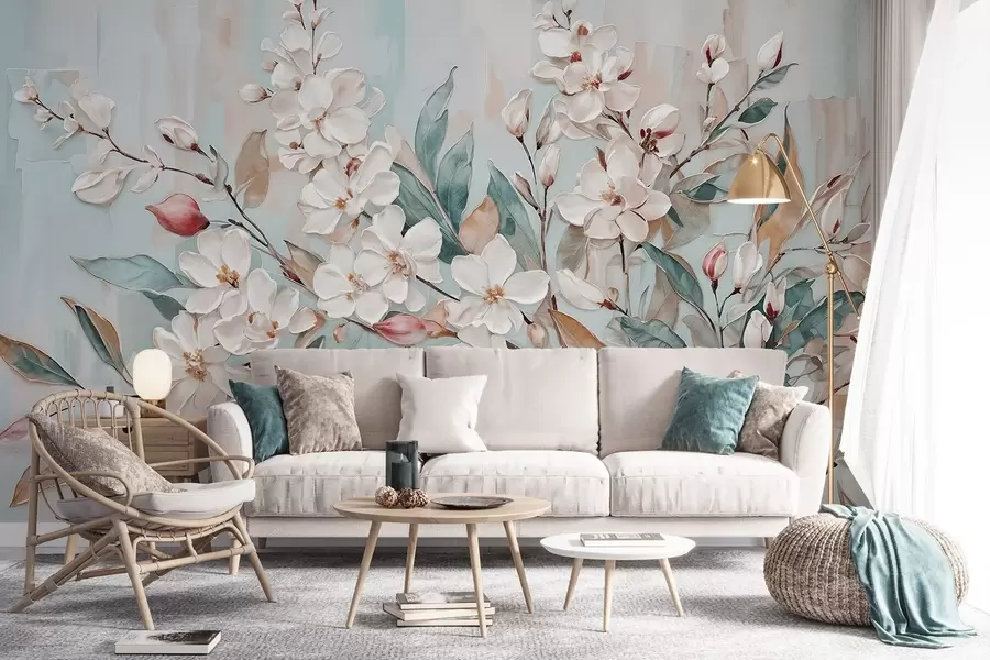 fotószőnyeg Virágos pasztell finom fehér virágok rózsaszínű középpontokkal, buja zöld levelekkel és ágakkal körülvéve w08399