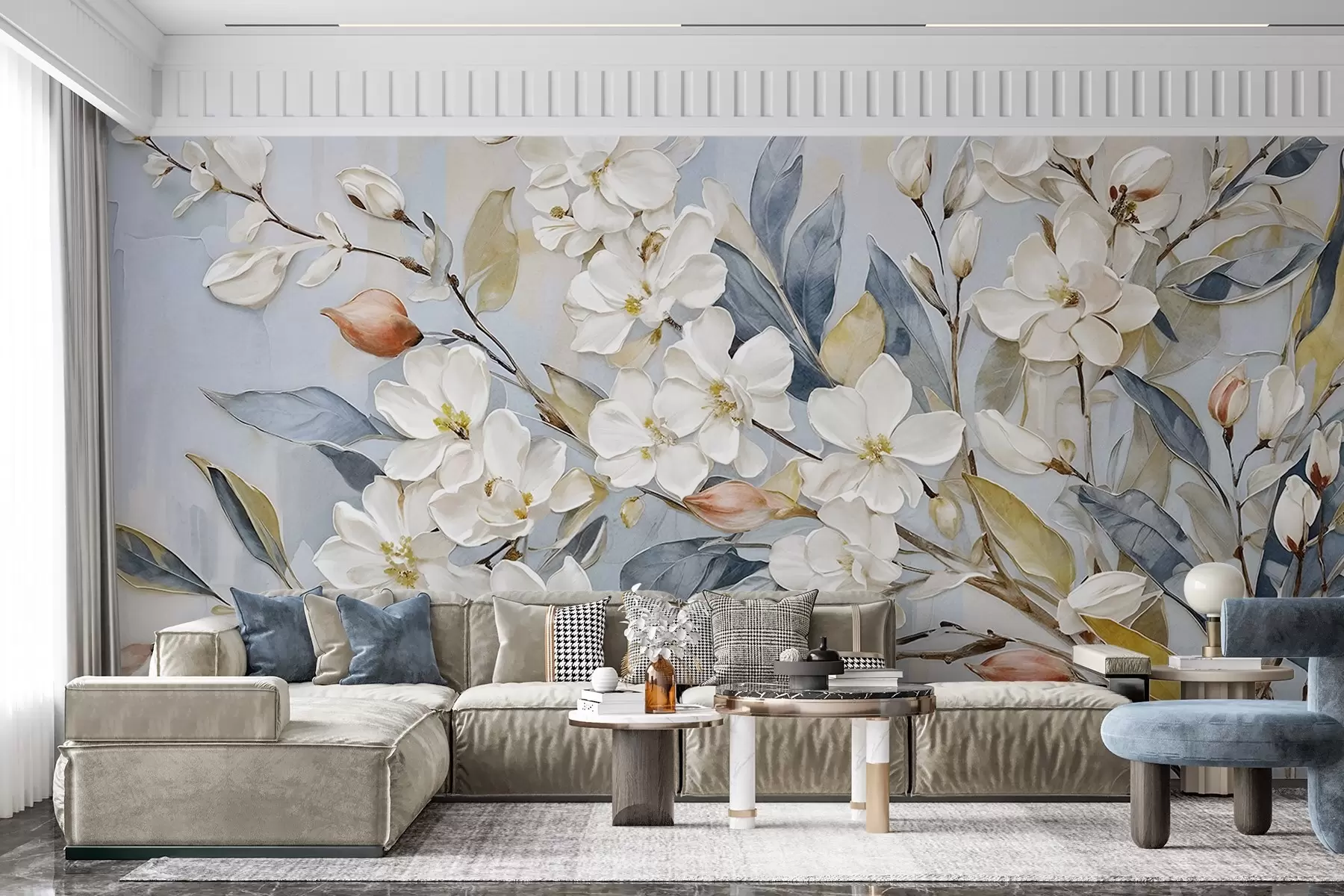 fotószőnyeg Virágos pasztell finom fehér virágok sárga közepekkel, buja zöld levelekkel és ágakkal körülvéve w08399v1