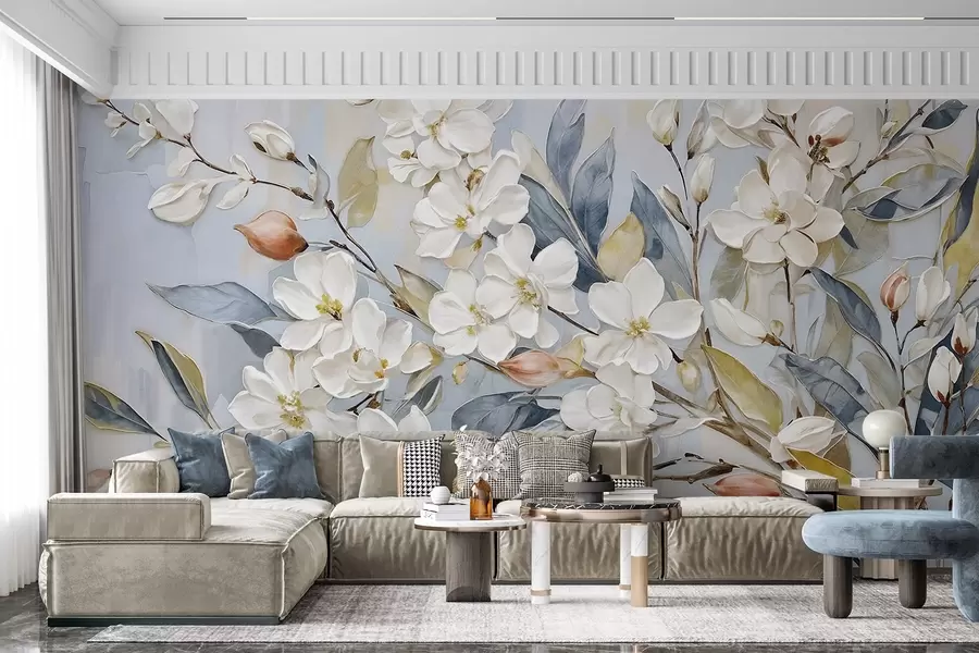 fotószőnyeg Virágos pasztell finom fehér virágok sárga közepekkel, buja zöld levelekkel és ágakkal körülvéve w08399v1