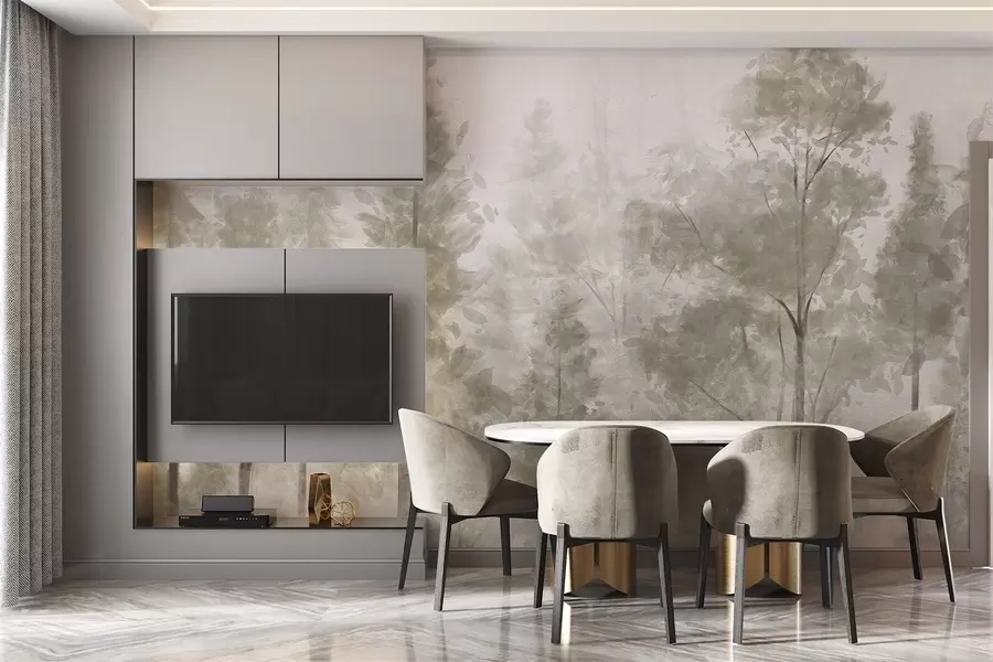 fotószőnyeg Magas, texturált fenyőfák egy ködös erdőben, ködös, ködös hangulattal w08411