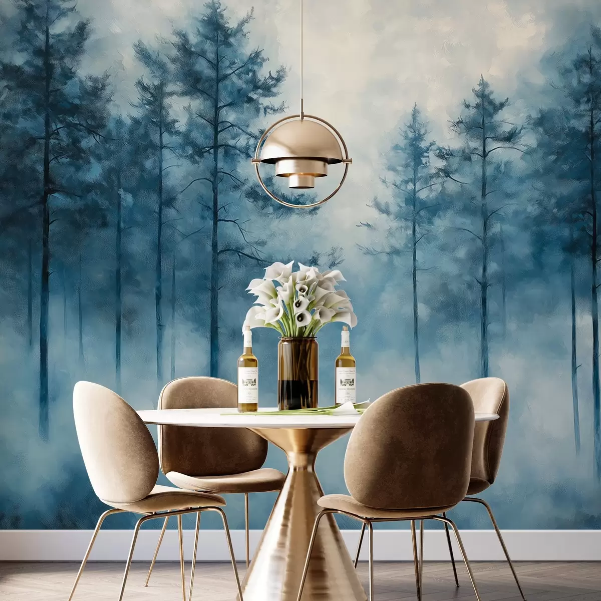 fotószőnyeg Misztikus erdő, fenyőfák, köd, akrilfesték, mélykék színek w02149