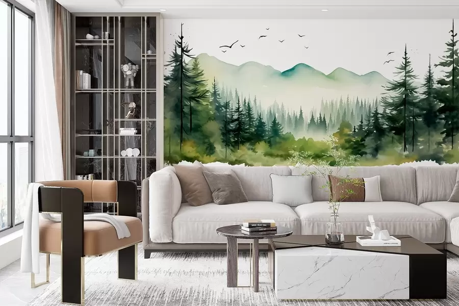 fotószőnyeg Akvarell erdei és hegyi tájak, zöld színpaletta  w02150