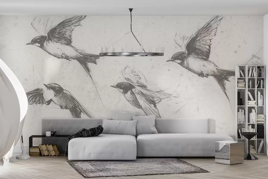 fotószőnyeg Repülő madarak, tusrajz, minimalizmus, szürke színek, szürkék w02155