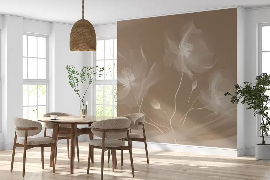 fotószőnyeg Három kecses virág áttetsző szirmokkal, fény és szél szalagjaival összefonódva, szepia színben w01932v1