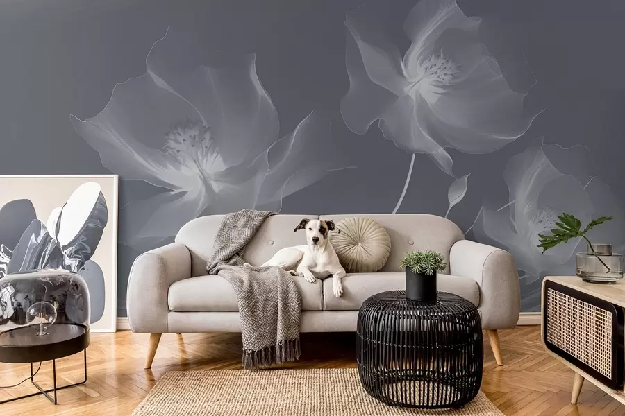 fotószőnyeg Három kecses virág áttetsző szirmokkal, kék tónusú fény- és szélszalagokkal összefonódva w01932v2