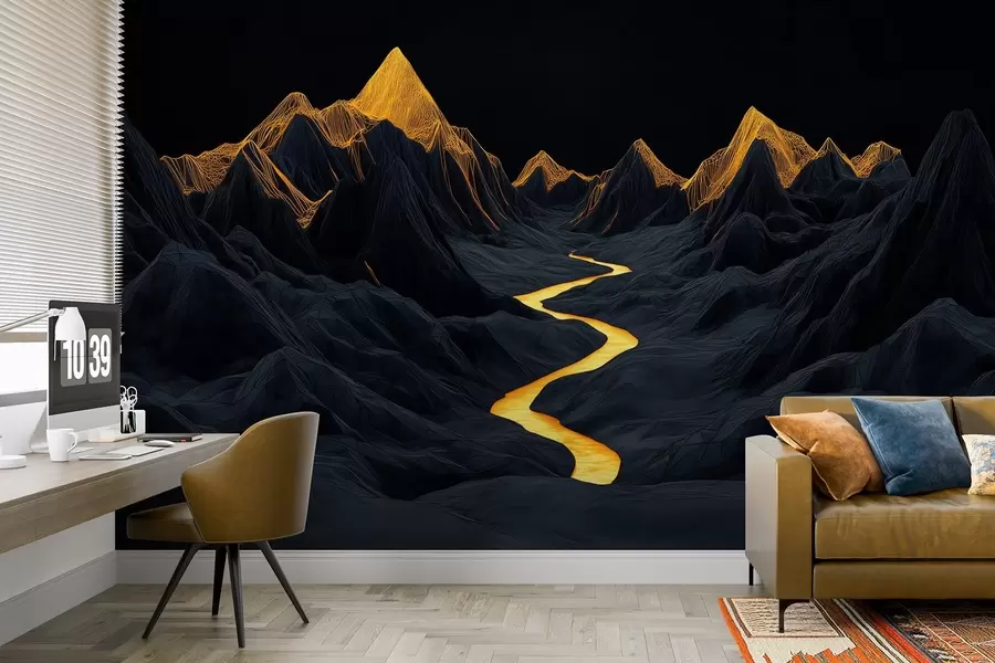 fotószőnyeg Poligonális fekete táj és egy folyó a hegyek között w02063