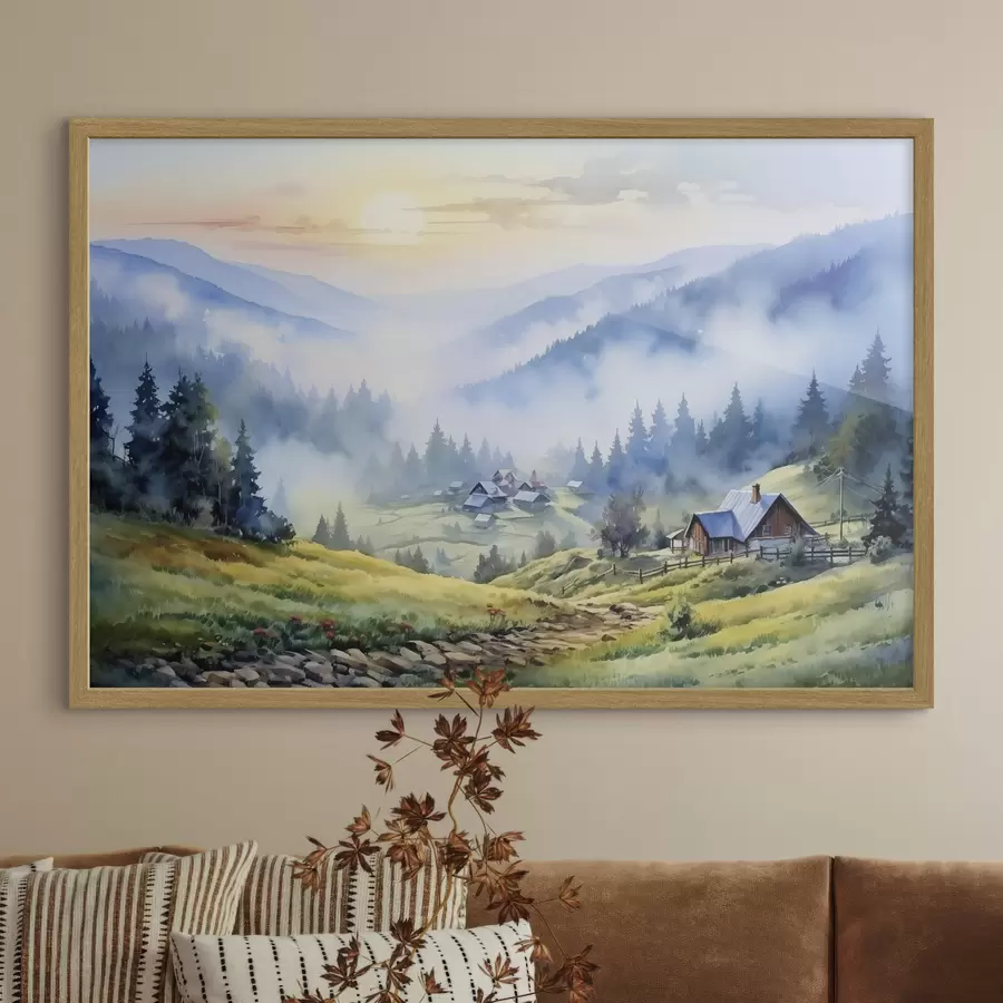 fotószőnyeg Kárpátaljai falu a ködös hegyekben, erdő, akvarell f41648
