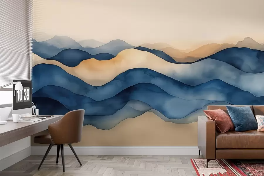 fotószőnyeg Hegyekre emlékeztető absztrakt kék-bézs hullámok w02196