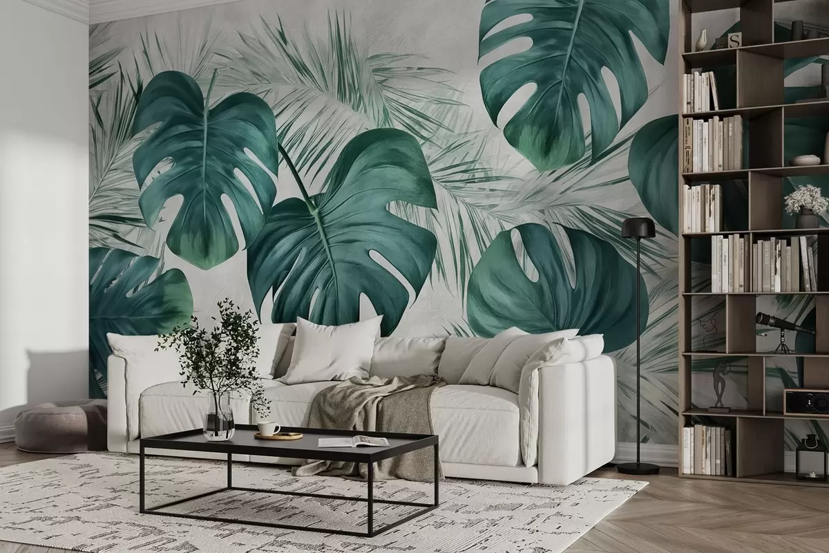 fotószőnyeg Nagy monstera levelek és trópusi levelek w01891