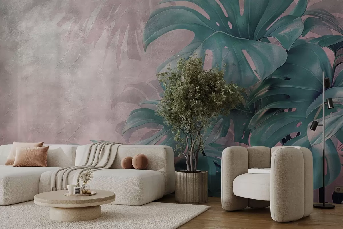 fotószőnyeg Nagy monstera levelek finom rózsaszín háttéren w01901