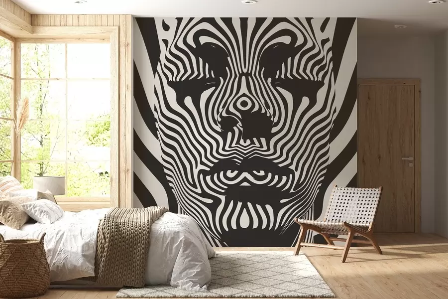 fotószőnyeg Op art stílusú lugas absztrakt arccal, hullámos vonalakkal világos színű háttéren w02285