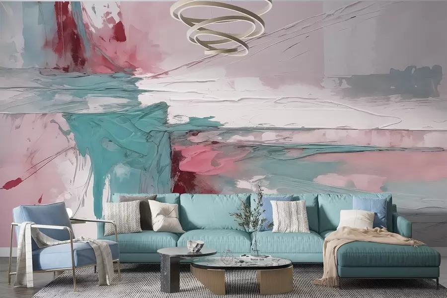 fotószőnyeg Minimalista absztrakt művészeti kompozíció merész ecsetvonásokkal rózsaszín, kék és fehér festékkel  w08414v1