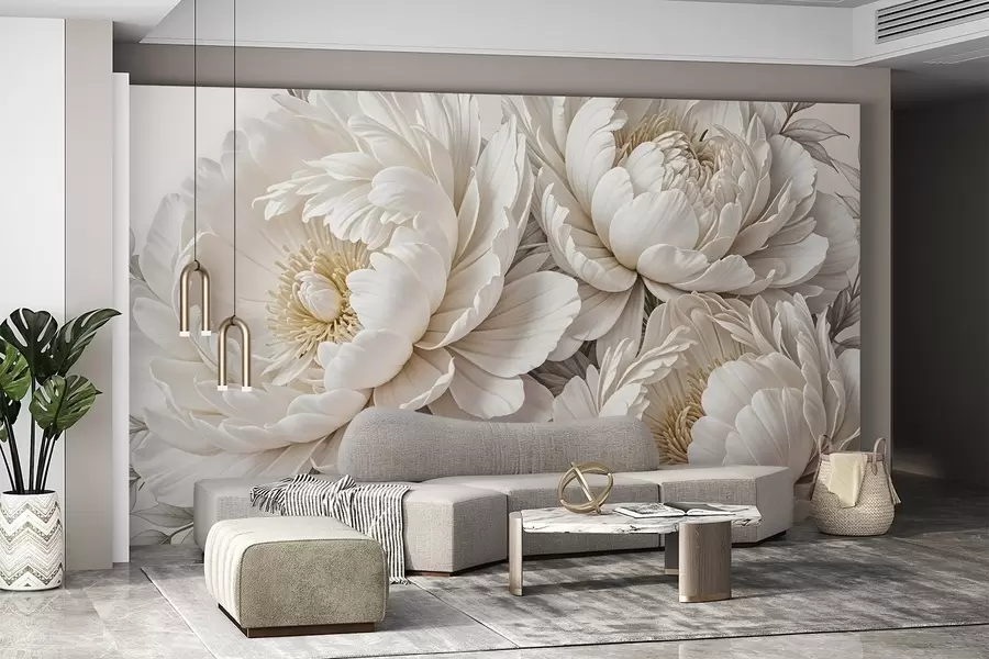 fotószőnyeg Finom pasztellfehér bazsarózsák buja lombokkal, lágy, semleges háttér előtt w08420