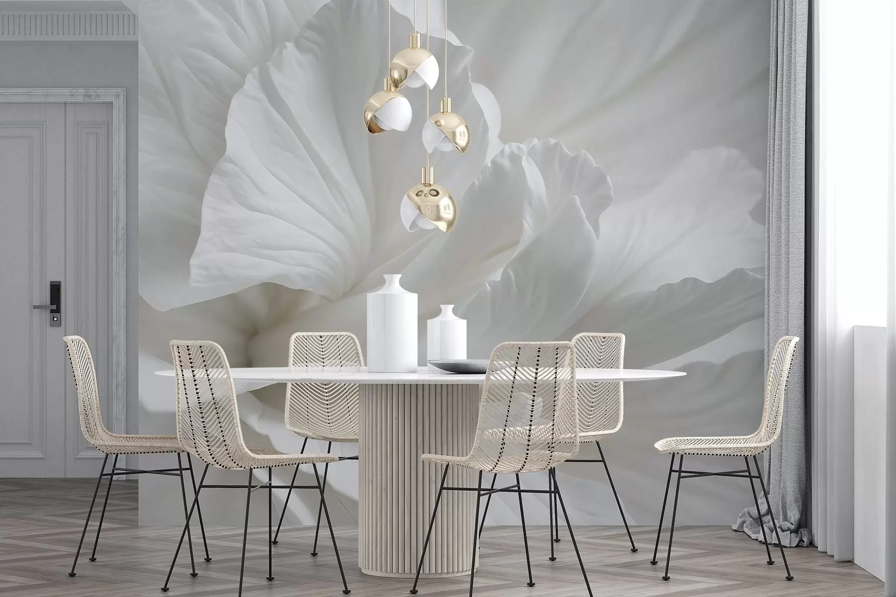 fotószőnyeg Absztrakt minimalista nyomtatás finom fehér virágról puha, bársonyos szirmokkal w08424