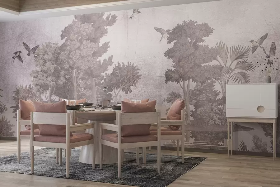 fotószőnyeg Erdei tájkép nyomtatás, fenyőfákkal és más lombokkal körülvett tóval, bézs színű háttéren w08426