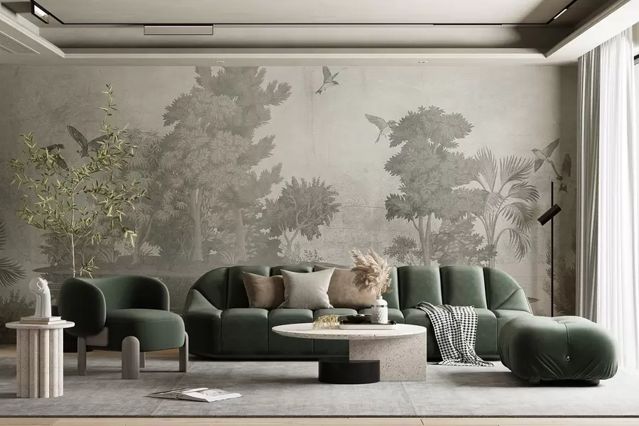 fotószőnyeg Erdei tájkép nyomtatás egy tóval, amelyet fenyőfák és más lombok vesznek körül, texturális zöld háttérrel w08426v1