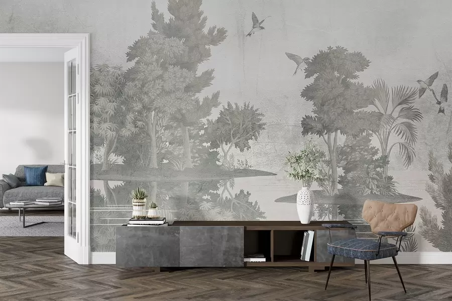 fotószőnyeg Erdei tájkép nyomtatás egy tóval, amelyet fenyőfák és más lombok vesznek körül, texturális zöld háttérrel w08426v1