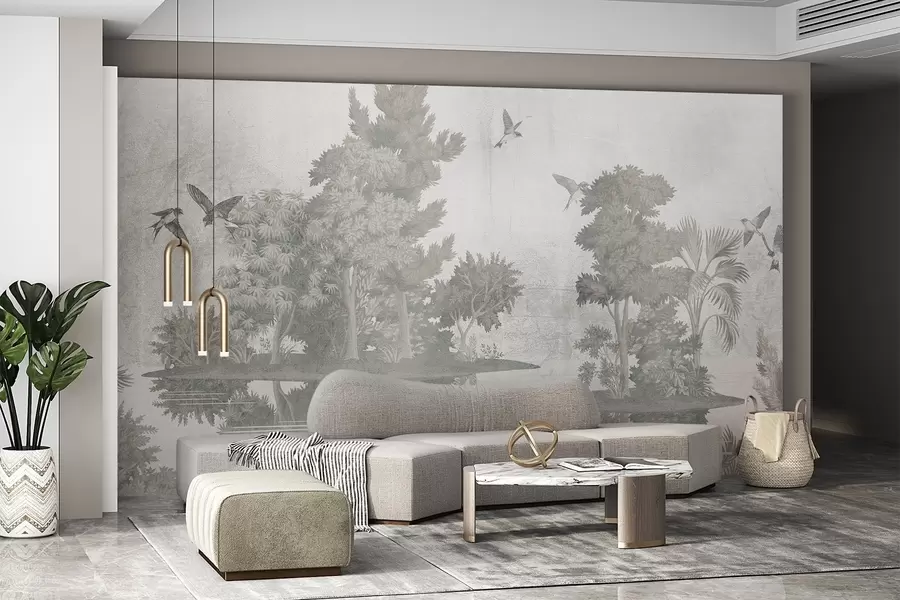 fotószőnyeg Erdei tájkép nyomtatás egy tóval, amelyet fenyőfák és más lombok vesznek körül, texturális zöld háttérrel w08426v1