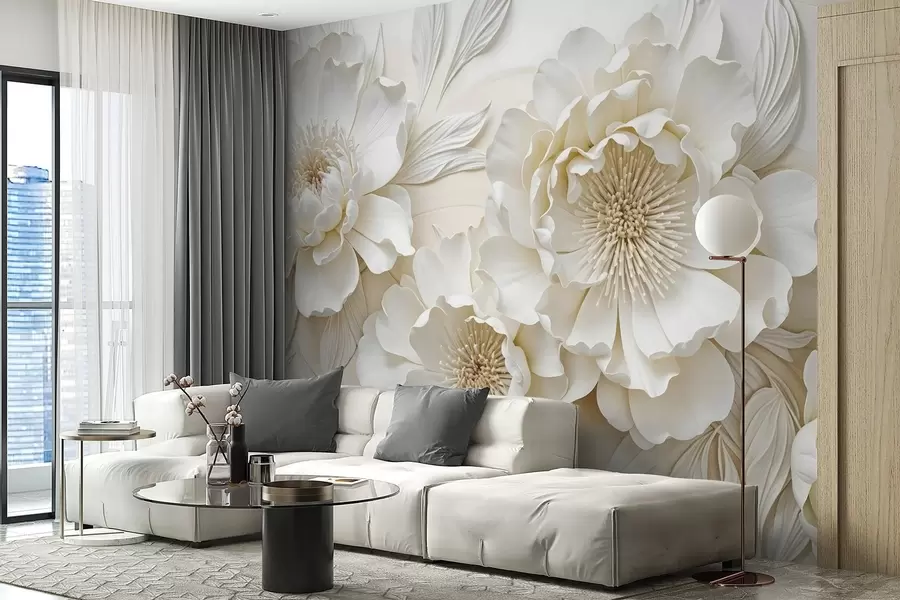 fotószőnyeg Elegáns, terjedelmes, fehér pünkösdi rózsa utánzat, lágy szirmokkal és pasztell sárga középponttal, világos háttér előtt w08431