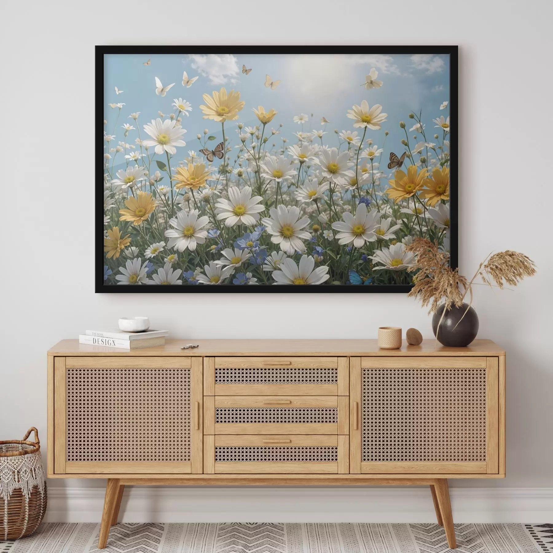 fotószőnyeg Fehér és sárga százszorszépek mezője kék égbolton, bolyhos fehér felhőkkel és fölöttük repülő pillangókkal f41726