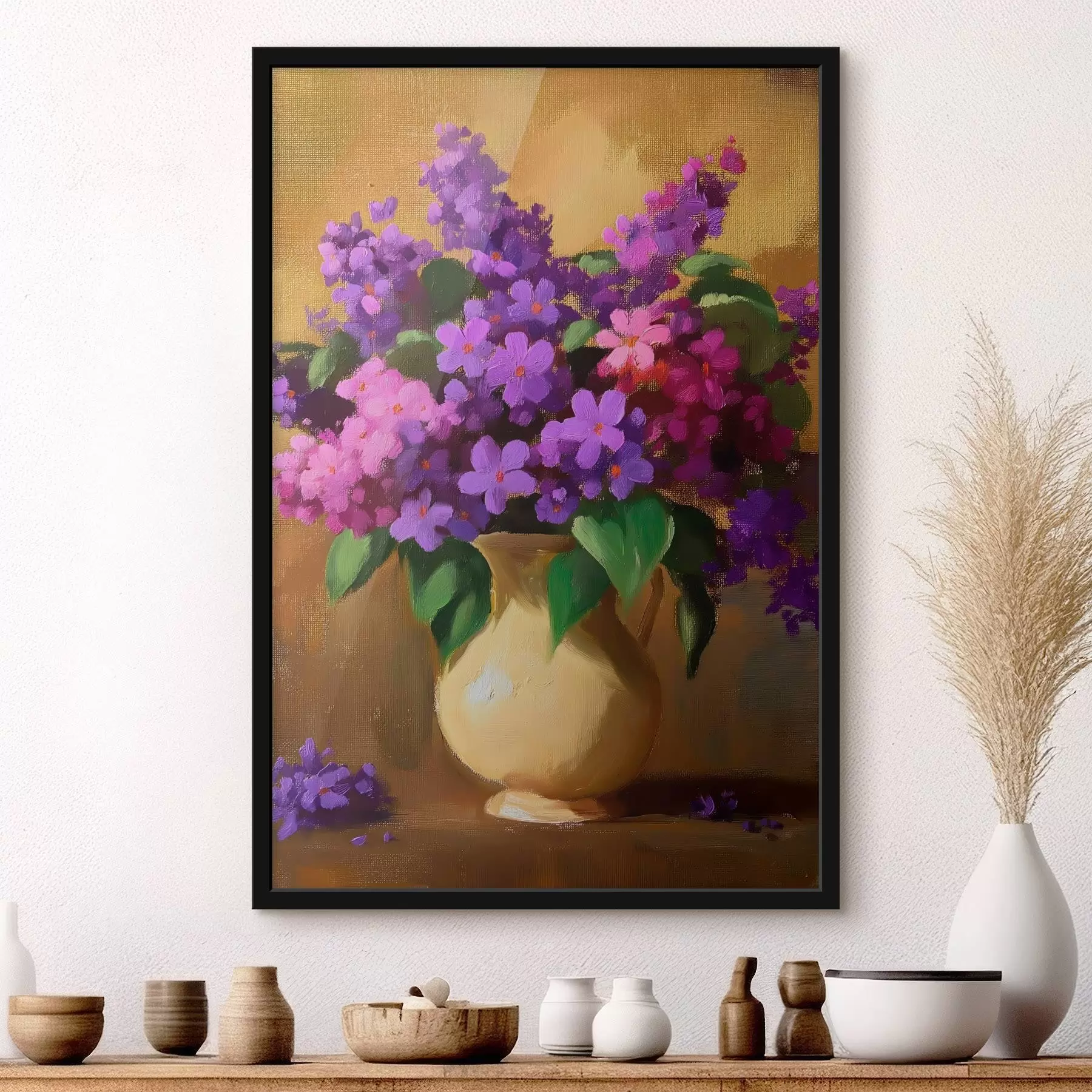 fotószőnyeg Lila-rózsaszín virágok sárga kancsóban f41822