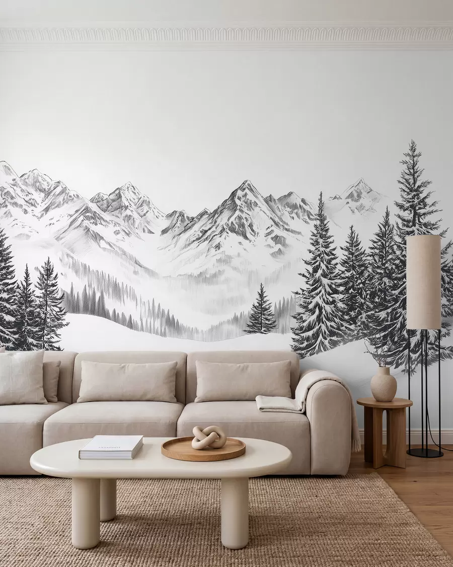 fotószőnyeg Alpesi hegyek a hóban, ceruza stílus, minimalizmus w02352