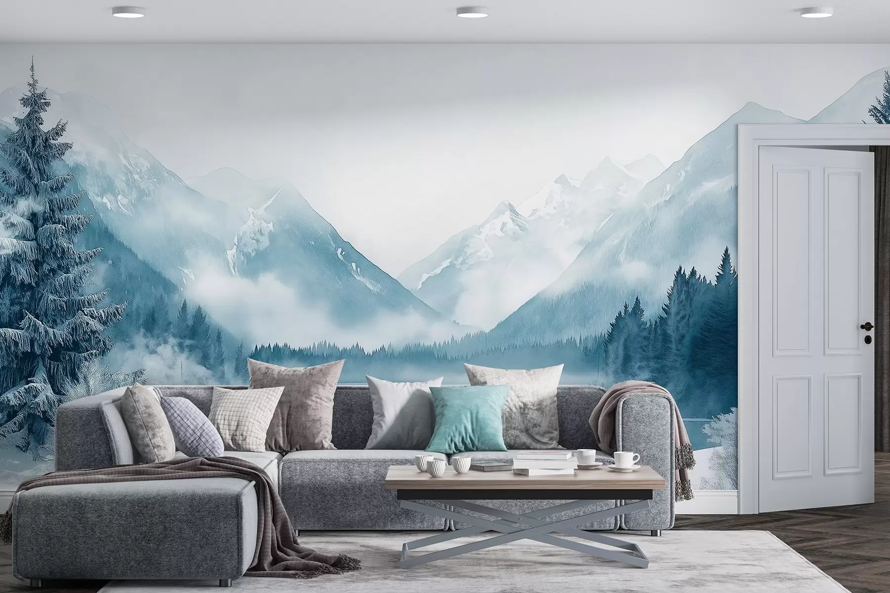 fotószőnyeg Téli hegyek, befagyott tó, fenyőerdő, kék színpaletta, akvarell stílusban w02354