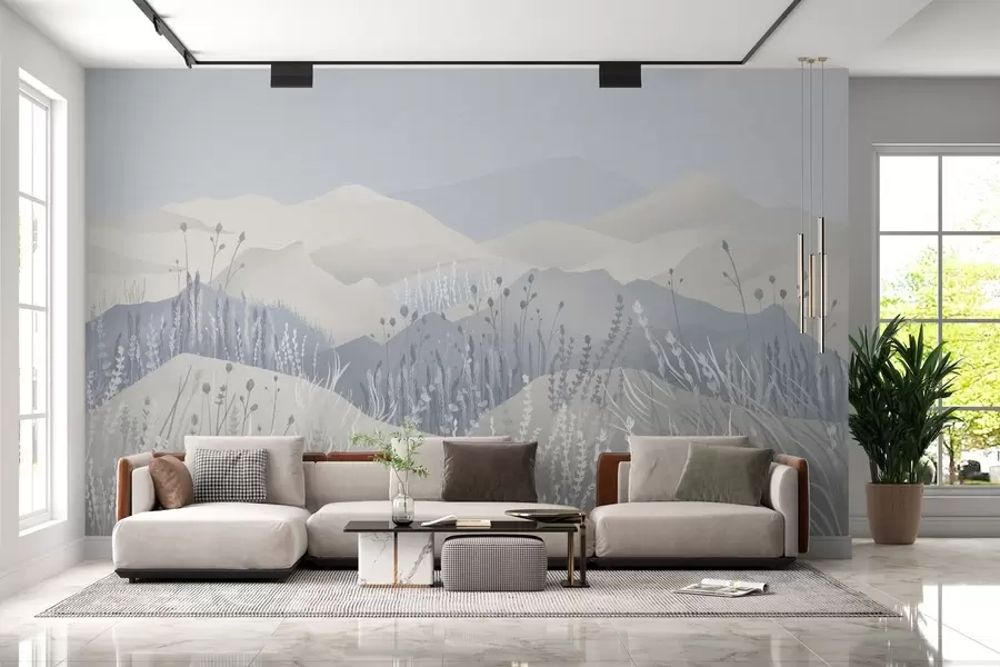 fotószőnyeg Ködös hegyek és mezei füvek és virágok kék tónusokban w02317v1