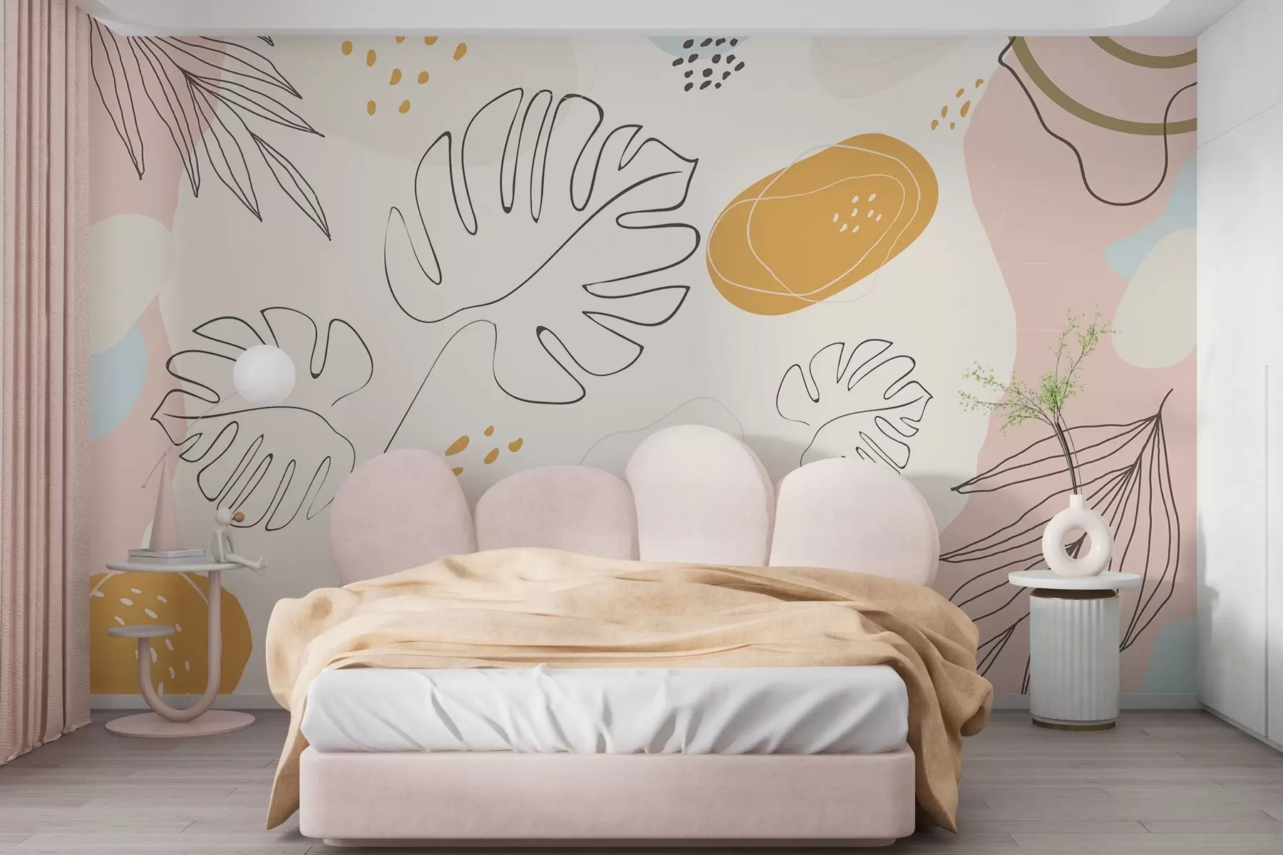 fotószőnyeg Boho design levelekkel és figurákkal pasztell színekben w02322