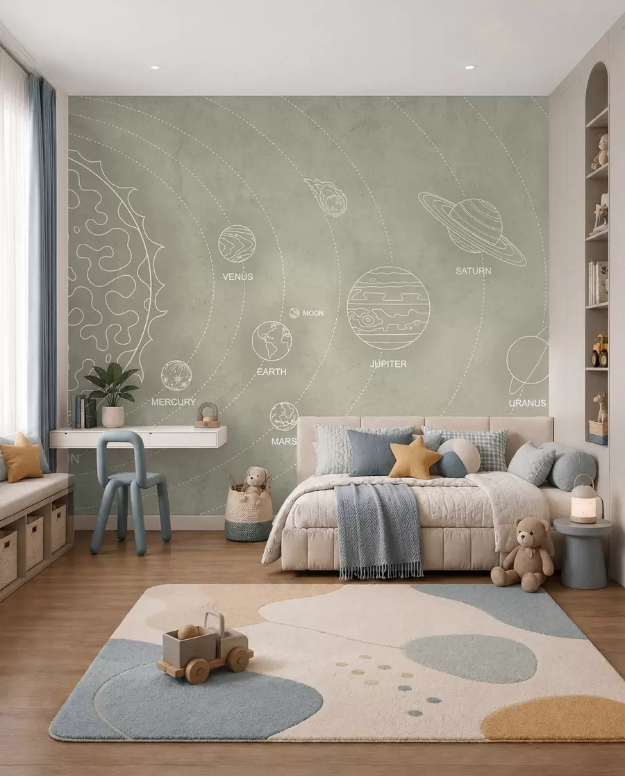 fotószőnyeg Naprendszer minimalista stílusban, hűvös bézs színű háttéren w02344