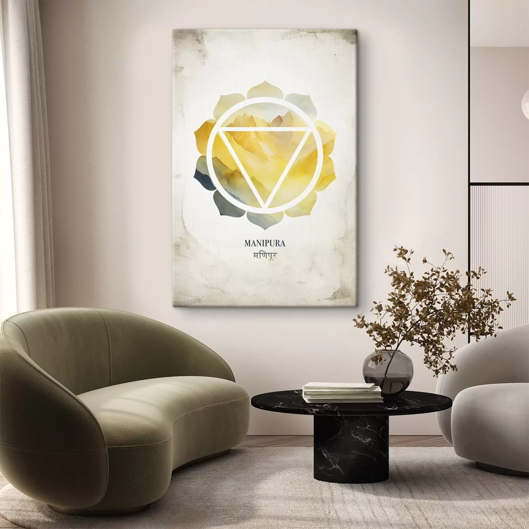 fotótapéta Manipura csakra, sárga csakra, ezoterika, meditáció, buddhizmus, akvarell stílusú hegyek s41882