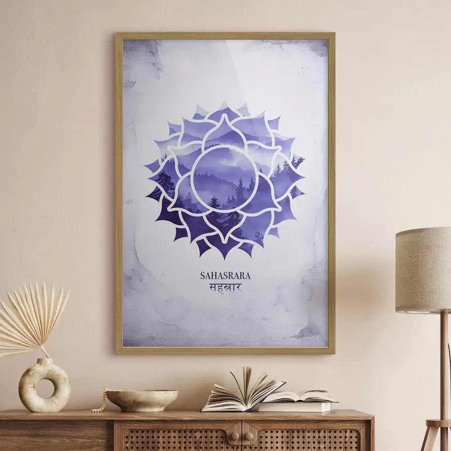 fotószőnyeg Sahasrara csakra, lila csakra, ezoterika, meditáció, buddhizmus, akvarell stílusú hegyek, akvarell stílusú hegyek f41886