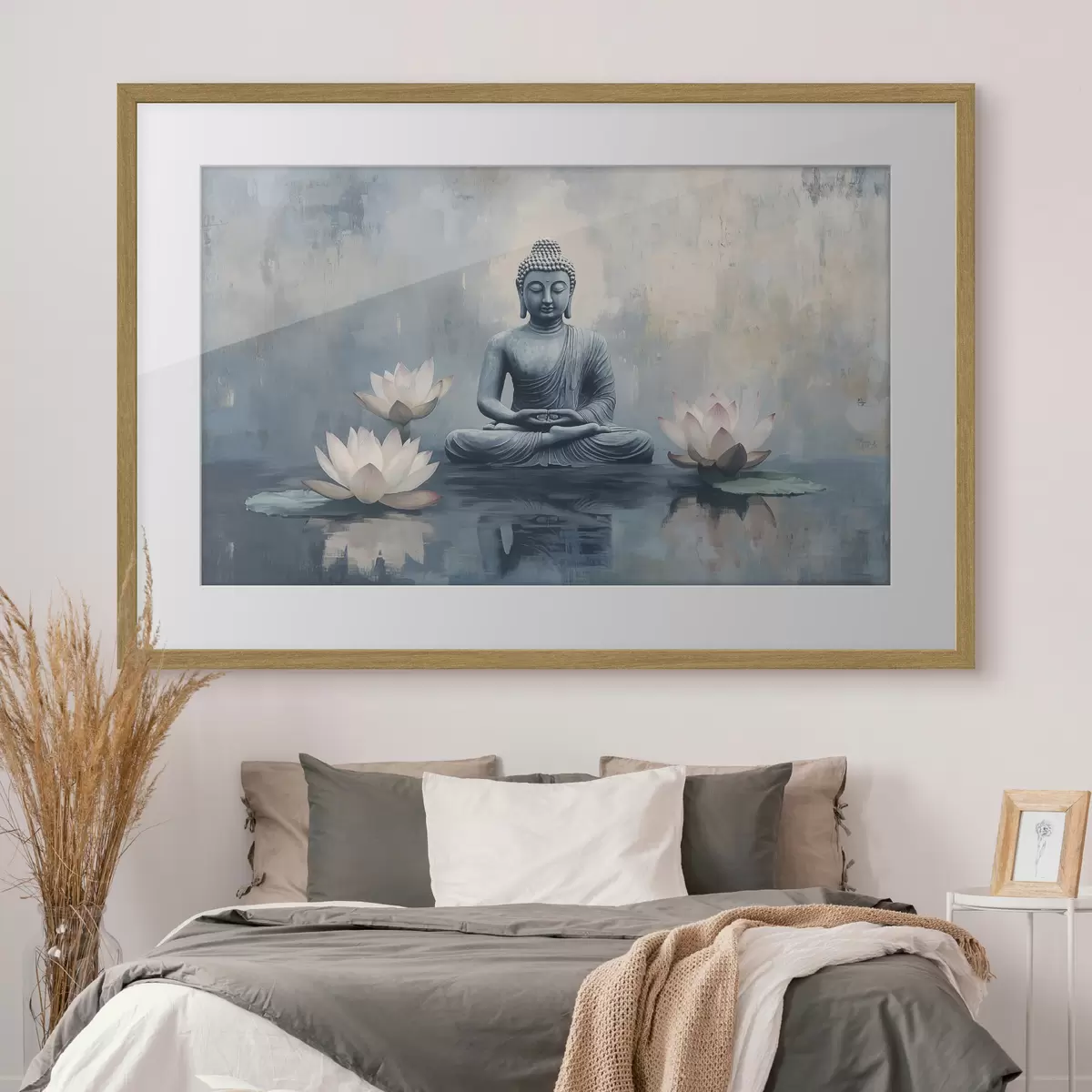 Plakát a sziklán Meditáló Buddha a tóban lótuszokkal, keleti, akril stílusban f41891