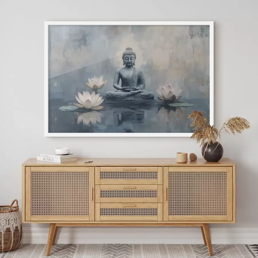 fotószőnyeg Meditáló Buddha a tóban lótuszokkal, keleti, akril stílusban f41891