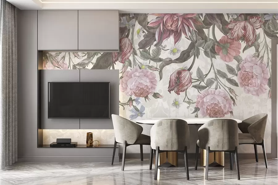 fotószőnyeg Egy buja virágkompozíció, nagy rózsaszín és fehér virágokkal, zöld levelekkel és szárakkal  w08435