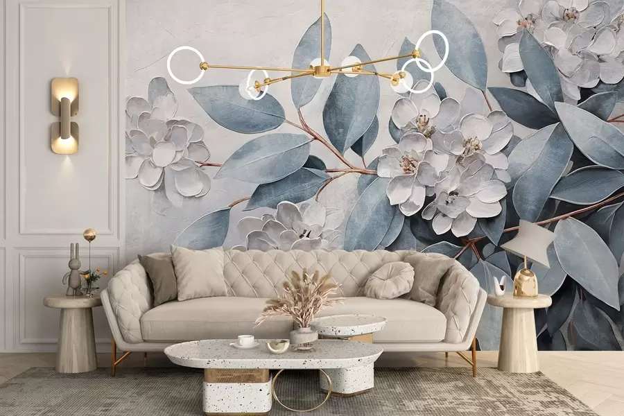 fotószőnyeg Finom fehér virágok szürkészöld levelekkel, lágy, tompa háttér előtt, olajfestmény stílusban  w08437