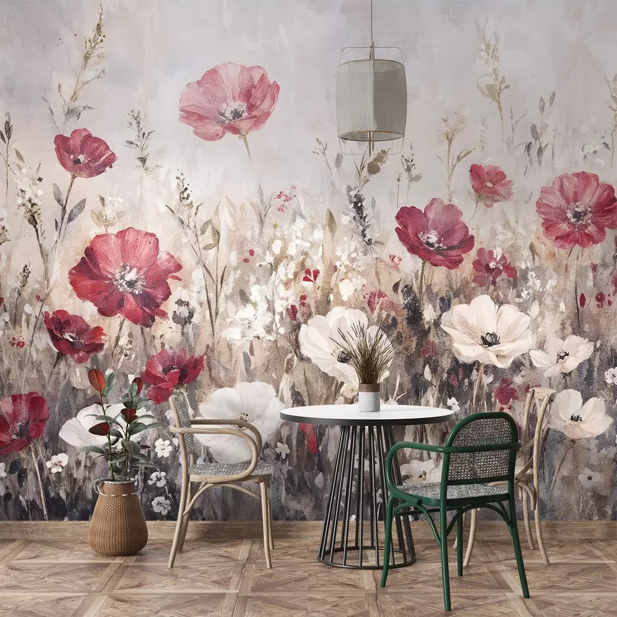 Fotószőnyeg Élénk piros és fehér virágok mezője lágy, ködös háttér előtt, olajfestmény stílusban w08438 - Uwalls.hu fotószőnyeg Élénk piros és fehér virágok mezője lágy, ködös háttér előtt, olajfestmény stílusban w08438