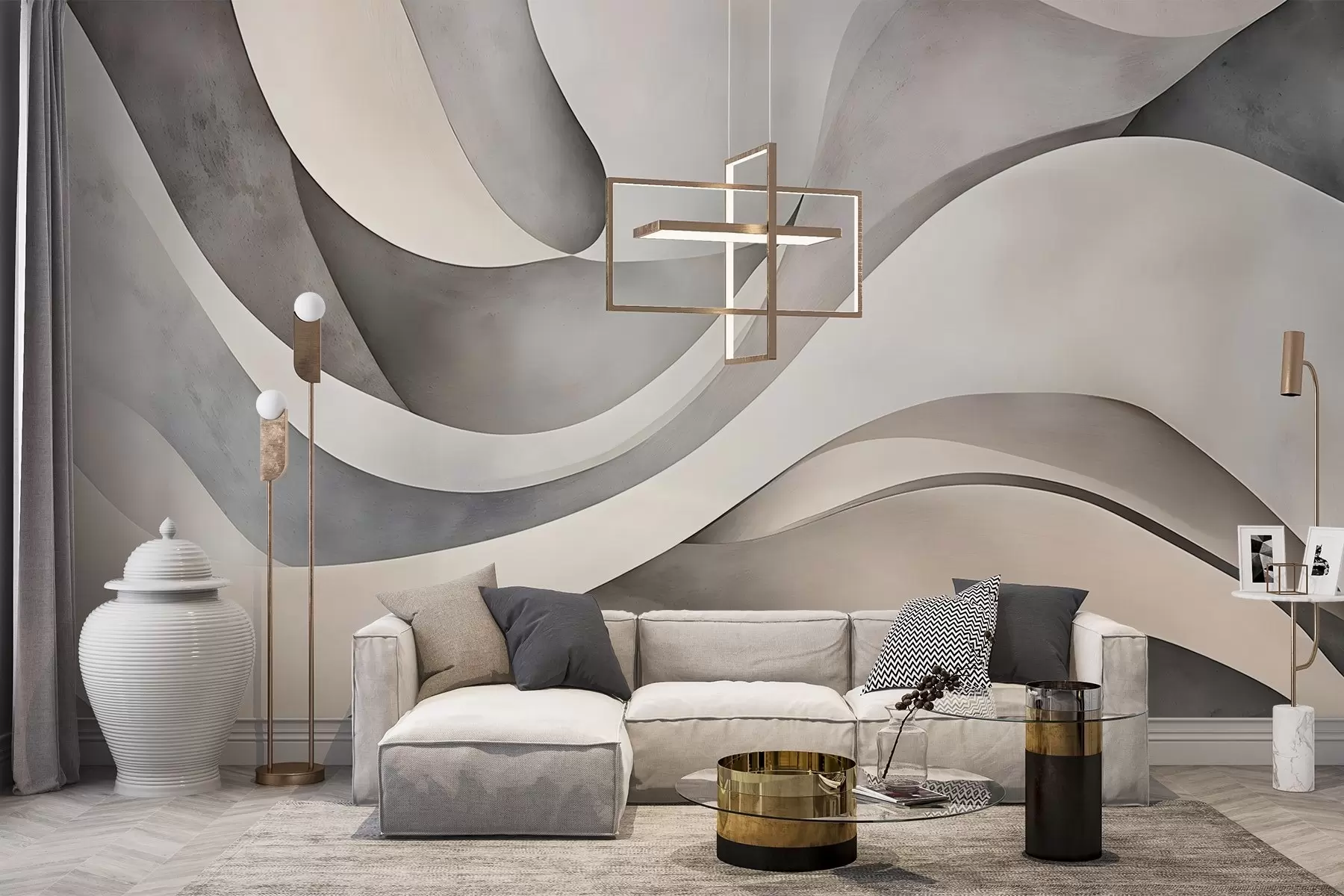 fotószőnyeg Fehér, bézs és szürke ívelt formák és formák , ami absztrakt texturális modern minimalista nyomtatást hoz létre  w08439