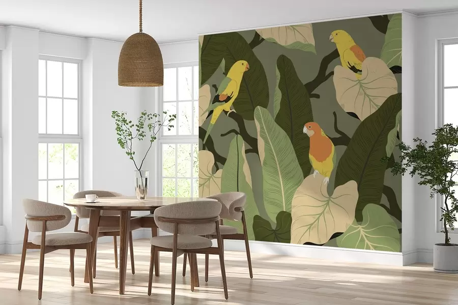 fotószőnyeg trópusi levelek papagájokkal w02402