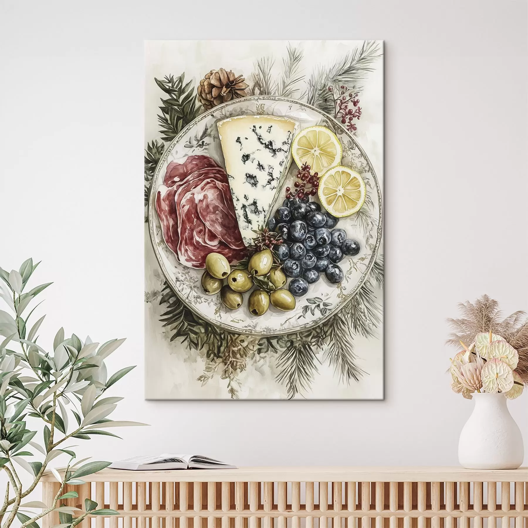 fotószőnyeg Ünnepi tányér kék sajt, olajbogyó, jamon, citrom és áfonya, akvarell stílusú ételek s41960